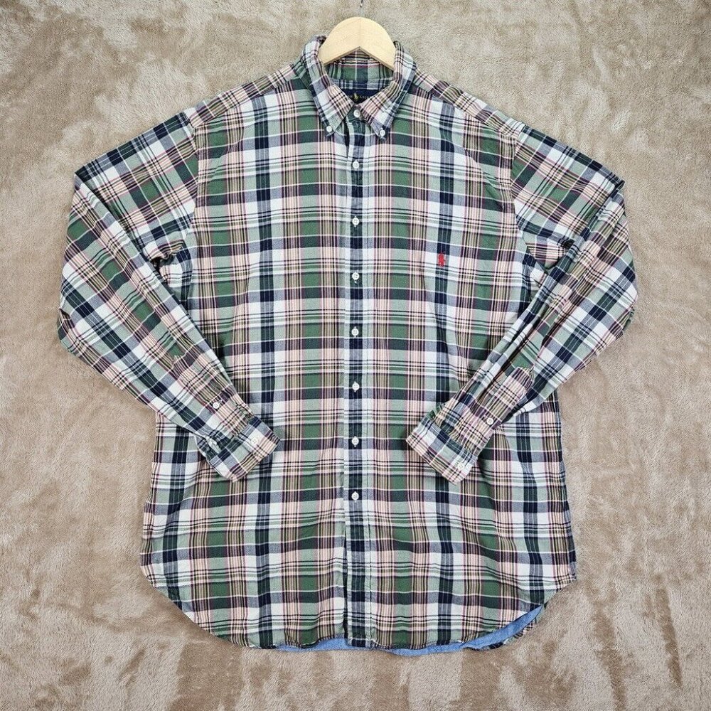 Ralph Lauren Button-Down Shirt Green Blue Paid Classic Fit Men's Size XLT Tall